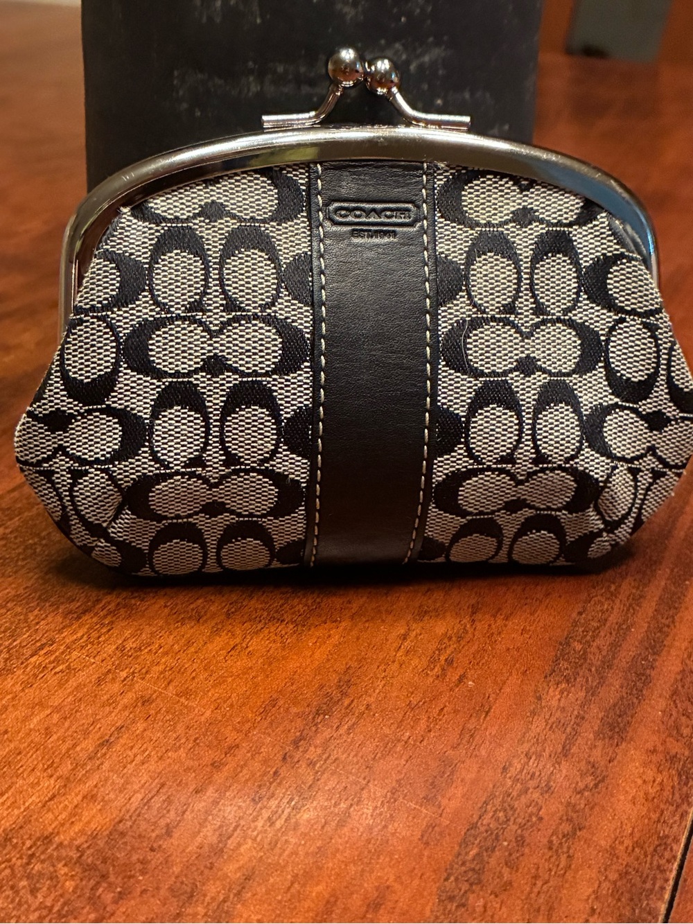 Coach Signature Canvas Kiss-Lock Coin Purse in Black and Cream